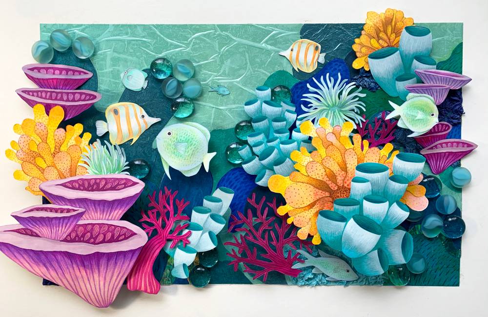Mixed media artwork featuring an underwater landscape